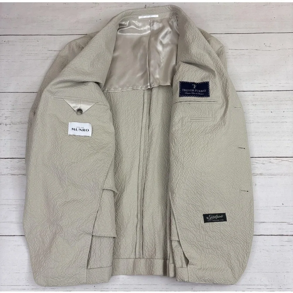 Atelier Munro Suit Mens 46S 42x27 Beige Seersucker Cotton Stretch 2 Pc Subalpino